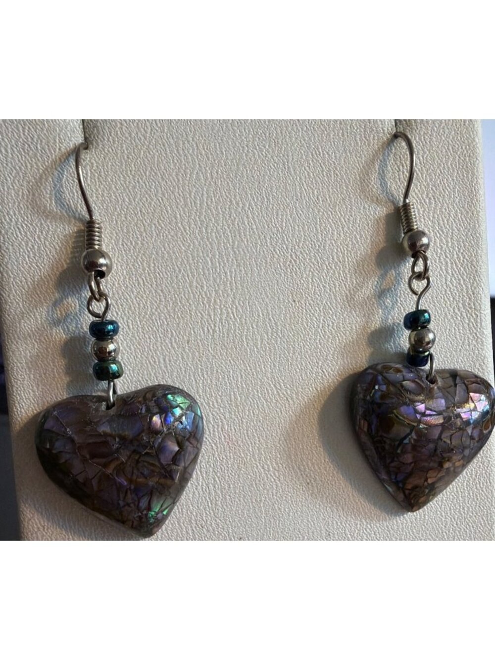 Heart Resin Abalone Shell Dangle Earrings Bead Silver Tone Love Valentines 1.75"